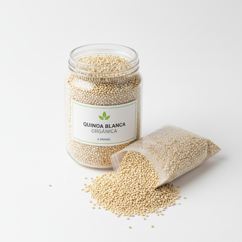 Quinoa blanca granel fondo blanco