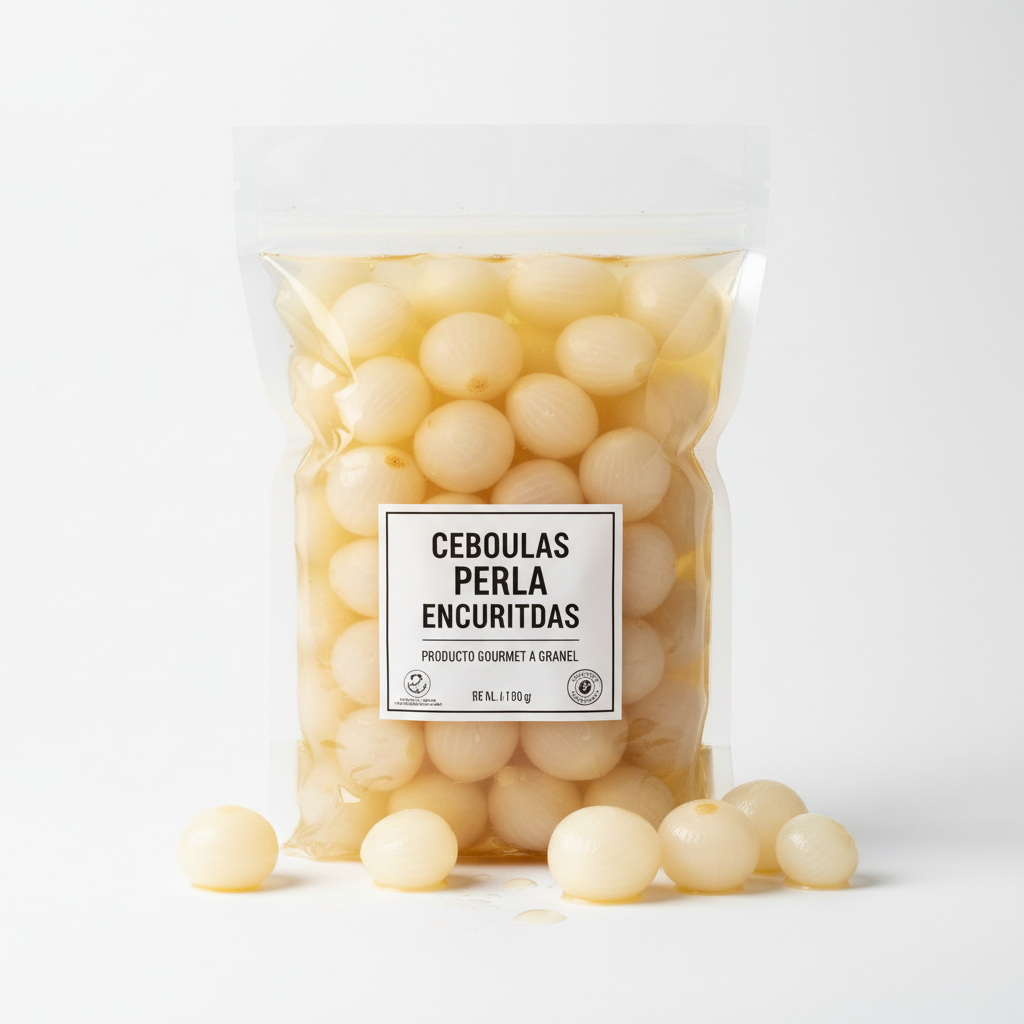 Cebolla perla encurtida granel fondo blanco