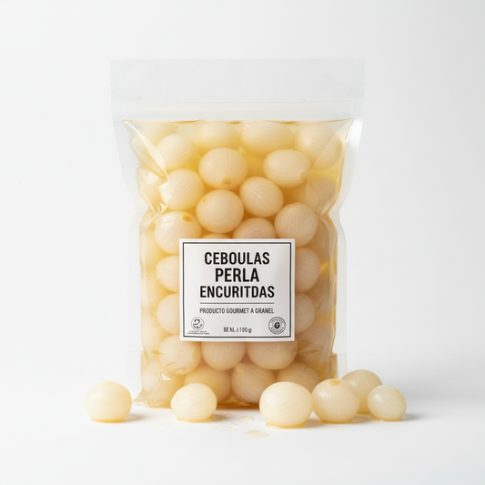 Cebolla perla encurtida granel fondo blanco